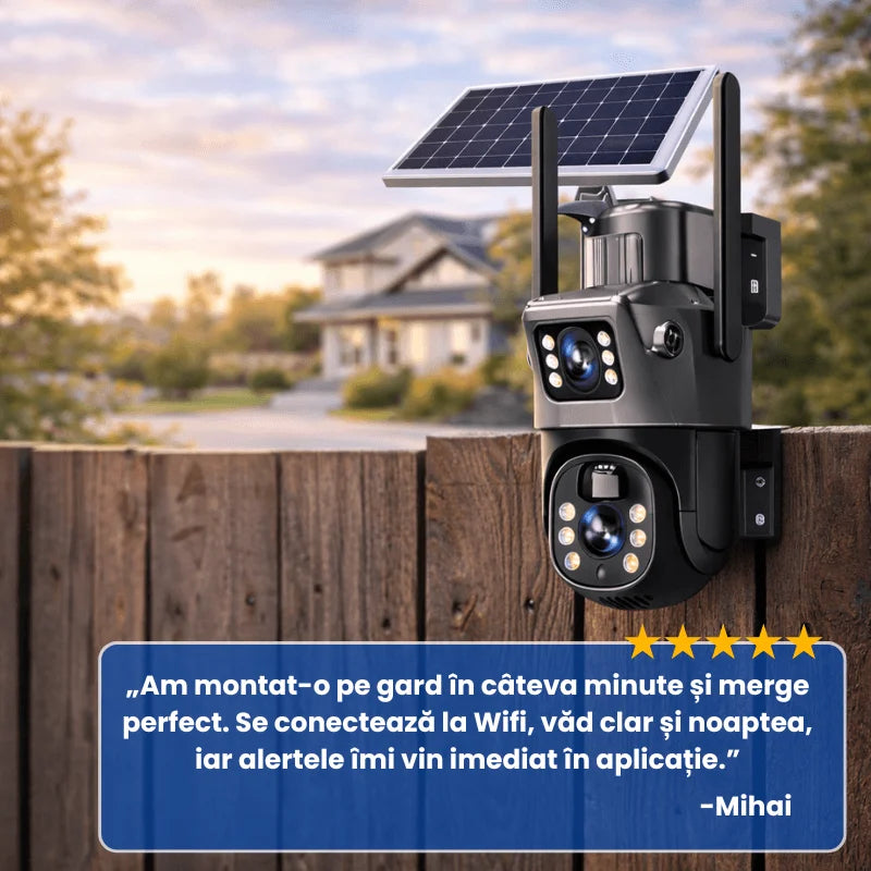 Camera de Supraveghere Solara Wi-Fi 6MP, Lentila Dubla, Zoom 10X, Rotire 360°, Detectare Miscare si Vedere Nocturna