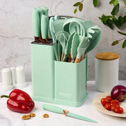 Set 19 Ustensile Bucatarie Luxury – Silicon Alimentar & Lemn Acacia, cu Suport