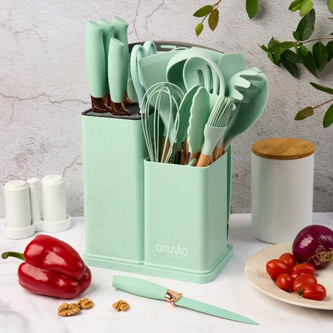 Set 19 Ustensile Bucatarie Luxury – Silicon Alimentar & Lemn Acacia, cu Suport