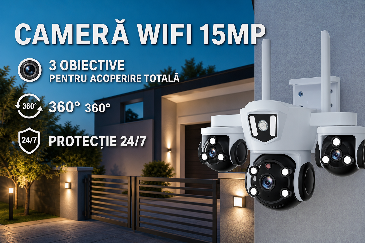 Camera de Supraveghere WiFi cu 3 Obiective, 15MP Ultra HD, Zoom 10X, Rotire 360°, Night Vision Color, IP66
