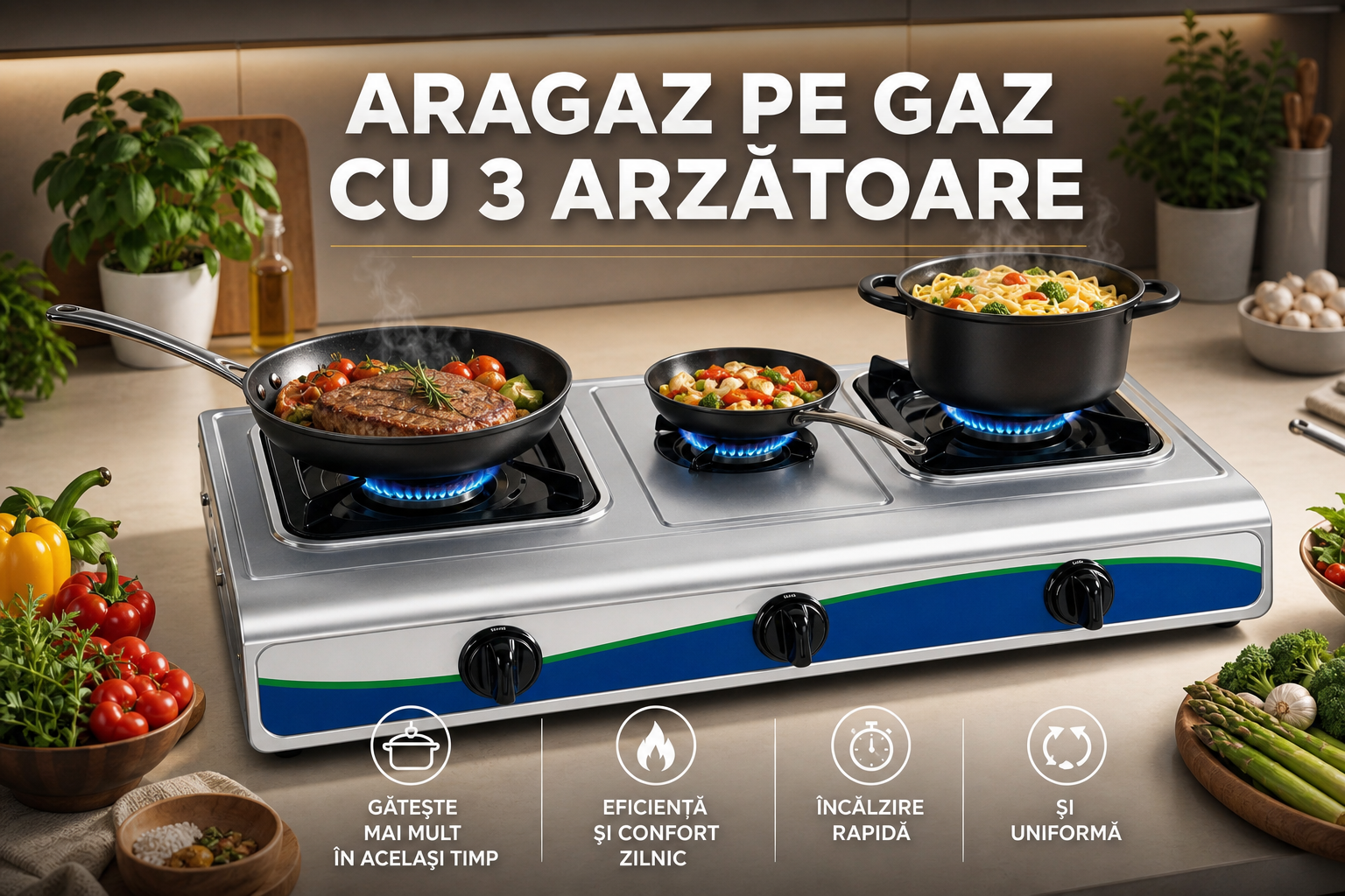 Aragaz pe Gaz cu 3 Arzatoare, Design Compact, Gatire Rapida si Eficienta