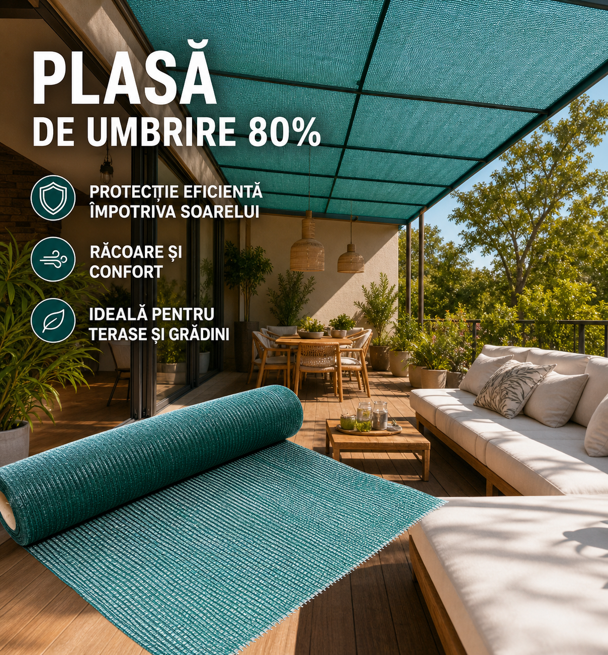 Plasa de Umbrire 2 x 25 m, Grad de Umbrire 80%, HDPE Rezistent UV