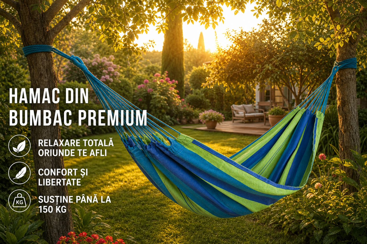 Hamac din Bumbac 190 x 150 cm, Capacitate 150 kg, pentru Gradina, Terasa, Camping si Relaxare