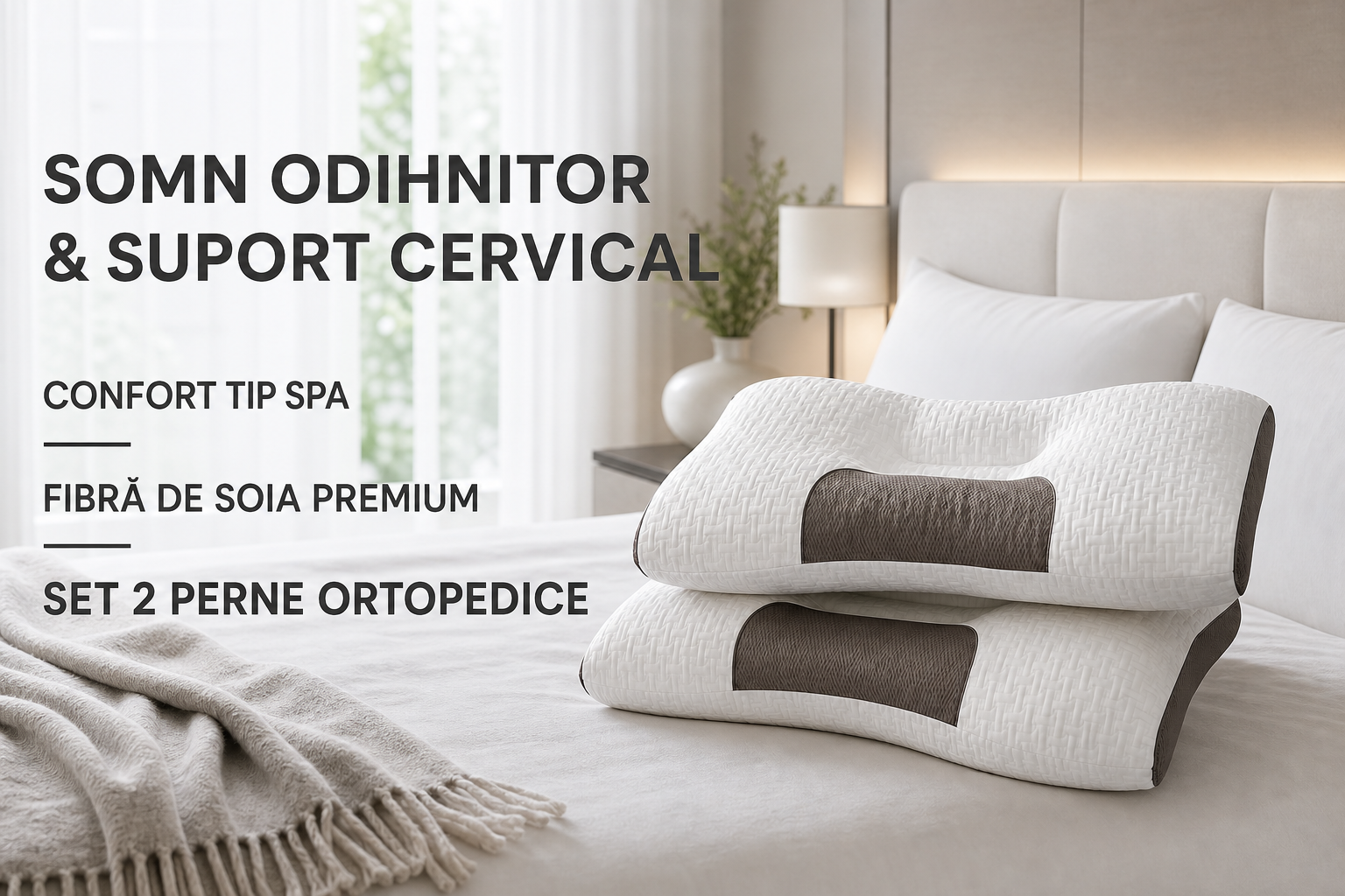 Set 2 Perne Ortopedice Cervicale cu Fibra de Soia, 48 x 74 cm, Confort Ergonomic si Respirabil
