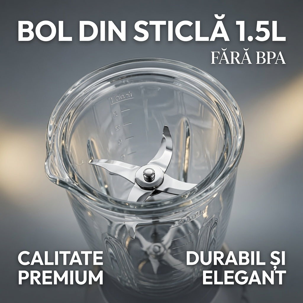 Blender 2 în 1, 450W, Bol din Sticlă 1,5L, 3 Viteze și Funcție Pulse, Râșniță Inclusă – Inox/Negru