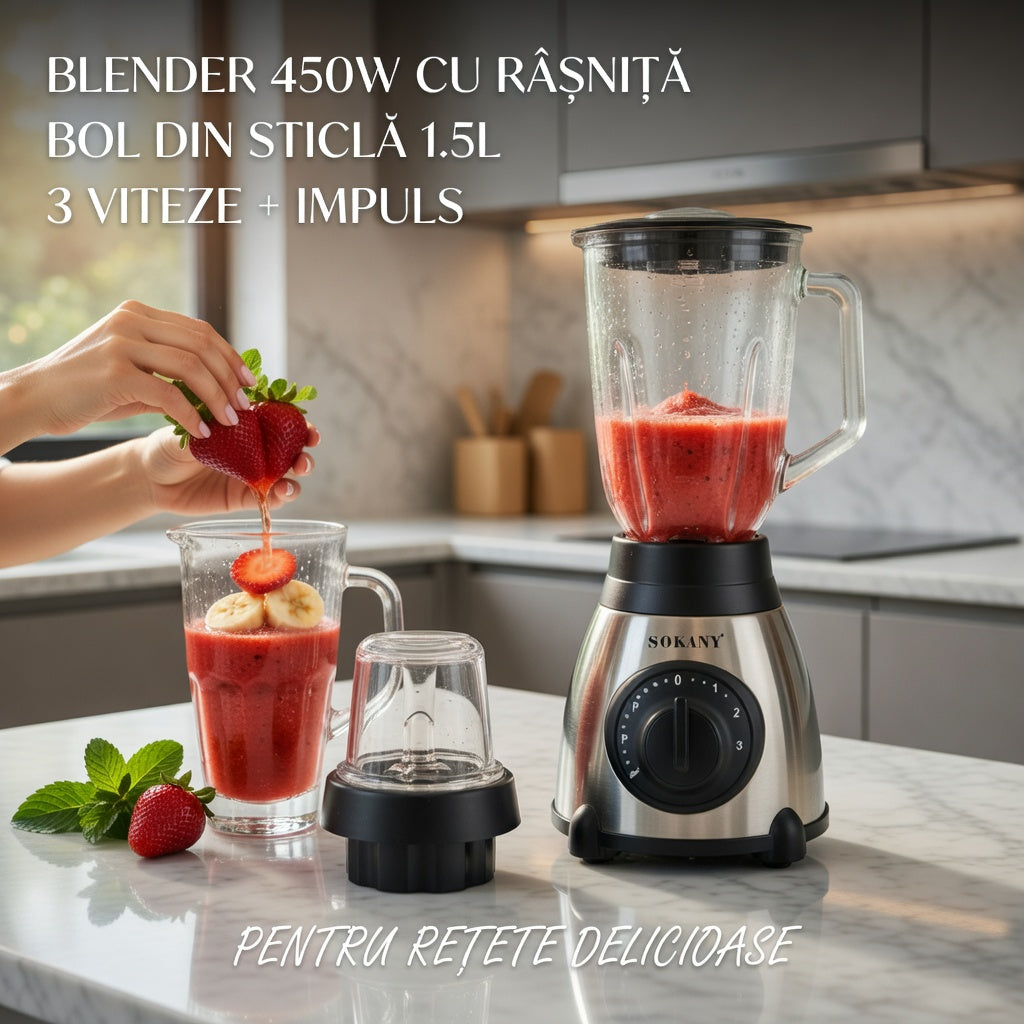 Blender Multifunctional 450W cu Bol din Sticla si Rasnita pentru Cafea si Condimente