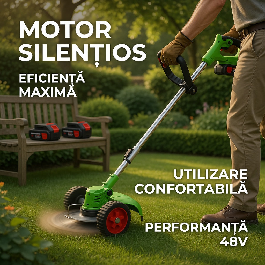 Motocoasa electrica 48V cu doua roti detasabile si maner ergonomic