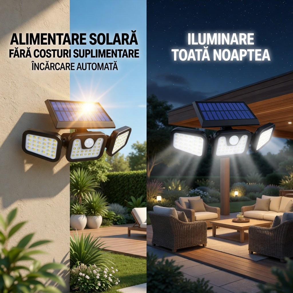 Lampă LED solară exterioară cu 3 spoturi reglabile – 74 LED