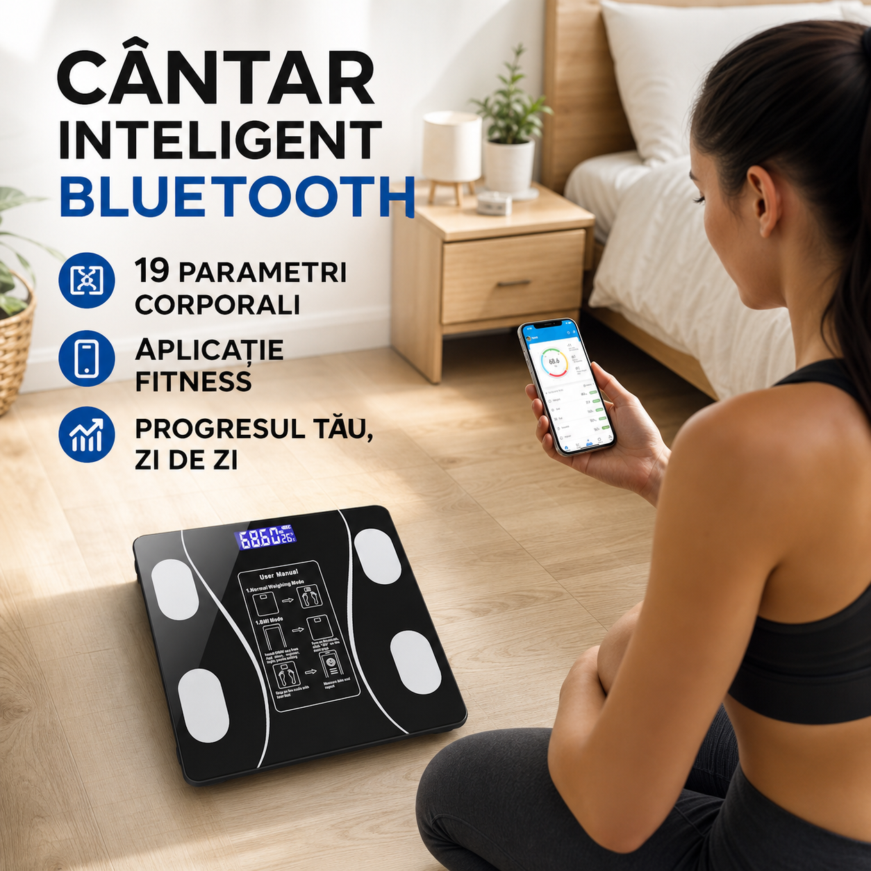 Cantar electronic smart cu aplicatie, ecran digital, termometru, 180 kg