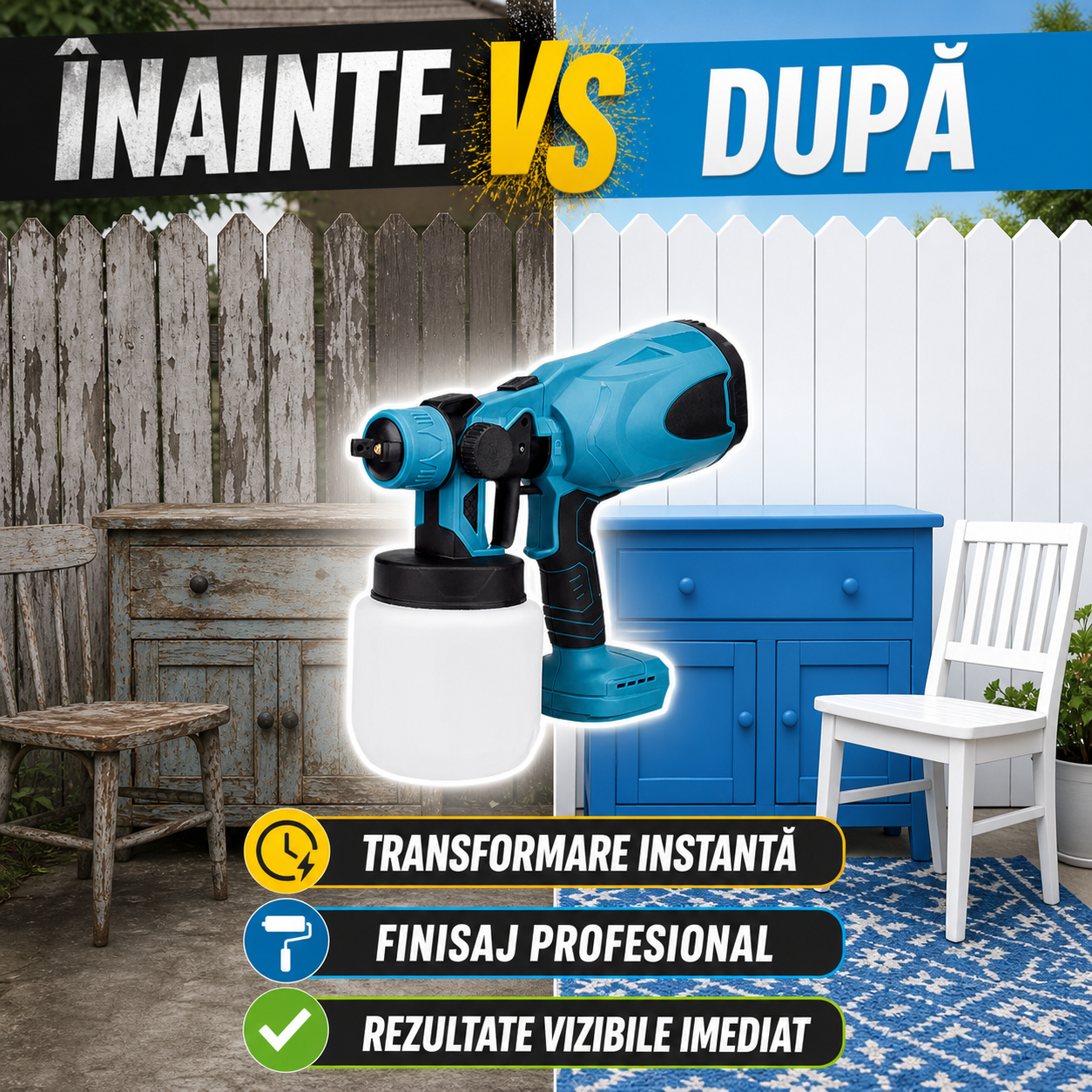 Pulverizator Electric de vopsea cu 2 acumulatori de 48v, 800ml - 3 moduri de pulverizare, ideal pentru tavane, pereti si garduri