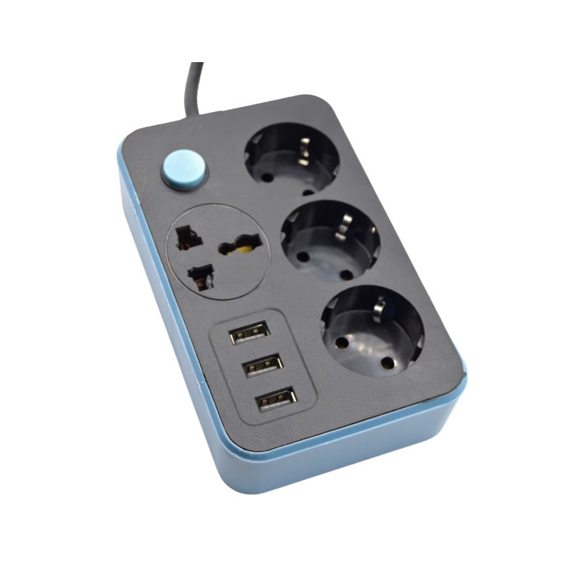 Prelungitor compact, 4 prize AC + 3 porturi USB, 2 m cablu, 1500W