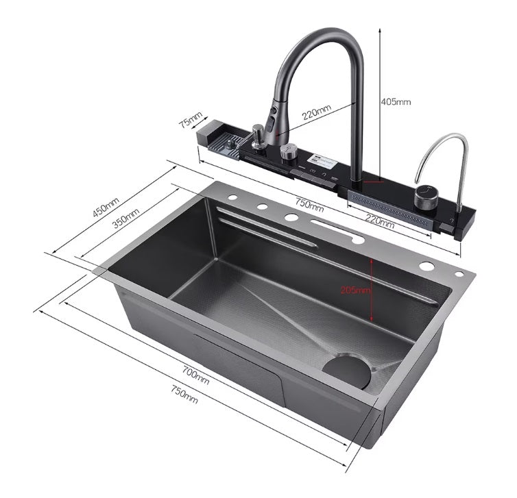 Chiuveta multifunctionala cu 2 cascade cu accesorii incluse, afisaj digital a temperaturii si robinet cascada