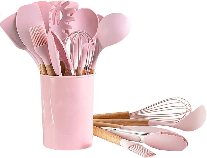 Set ustensile de gătit 12 piese – silicon alimentar cu mânere lemn