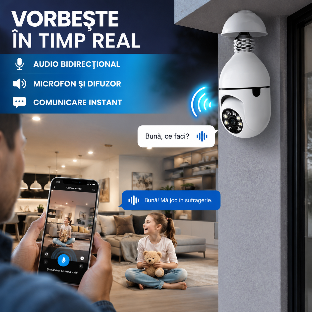 Camera WiFi Tip Bec E27 cu Rotire 355° si Detectare PIR