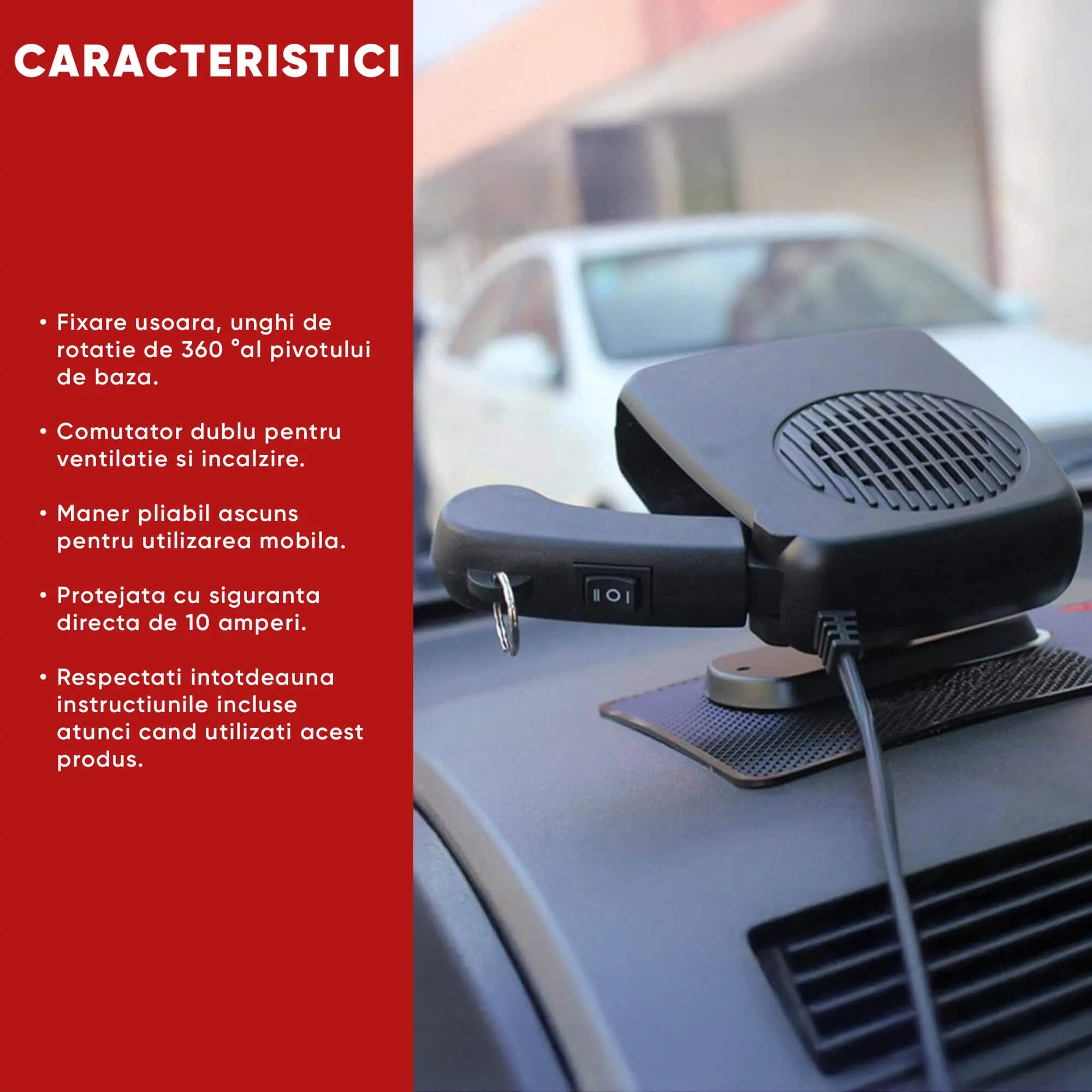 Aerotermă auto 12V cu aer rece și cald – ideală pentru dezghețarea rapidă