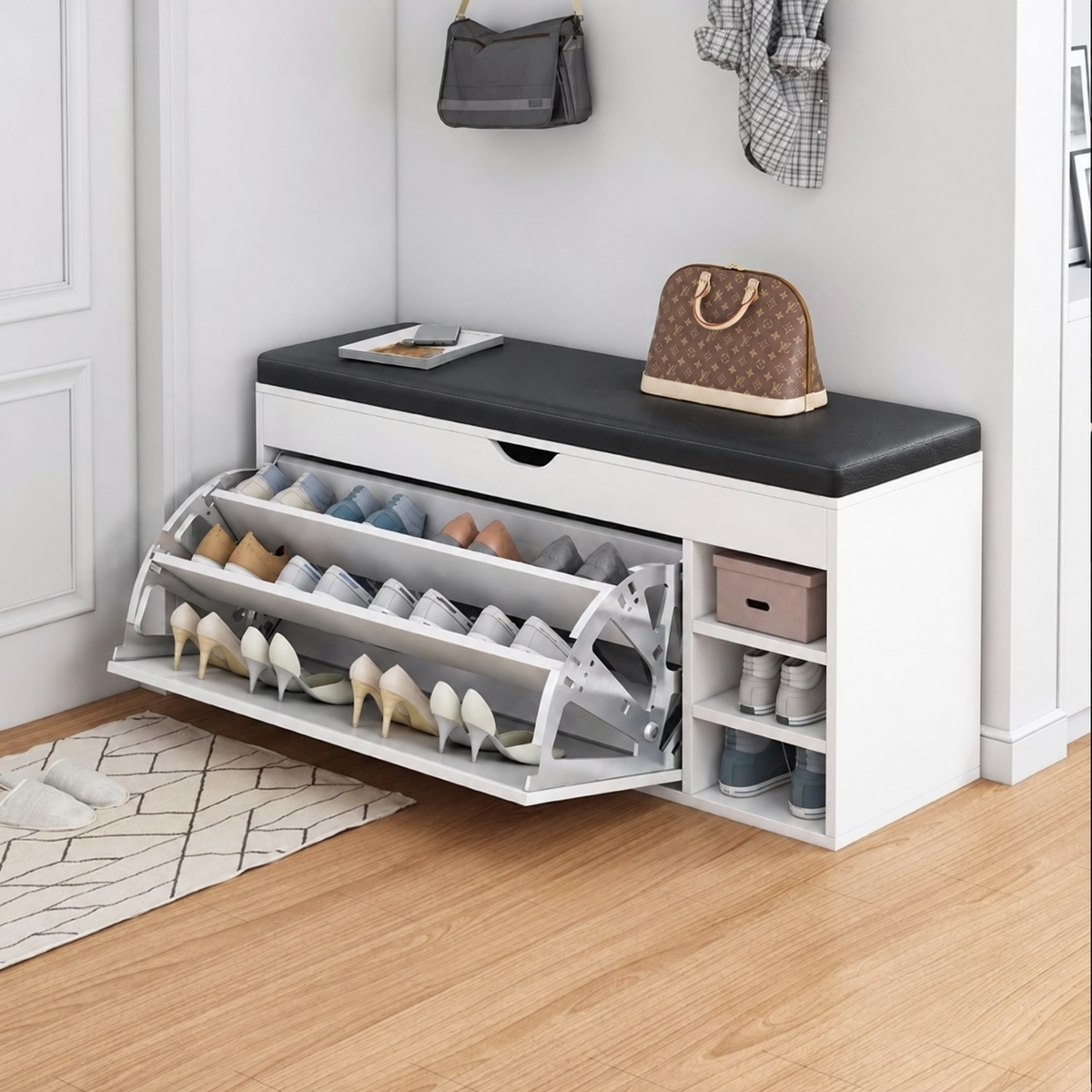 Dulap pentru Pantofi cu Șezut și Sertar – Modern, Practic, 100×30×50 cm, Lemn/Alb