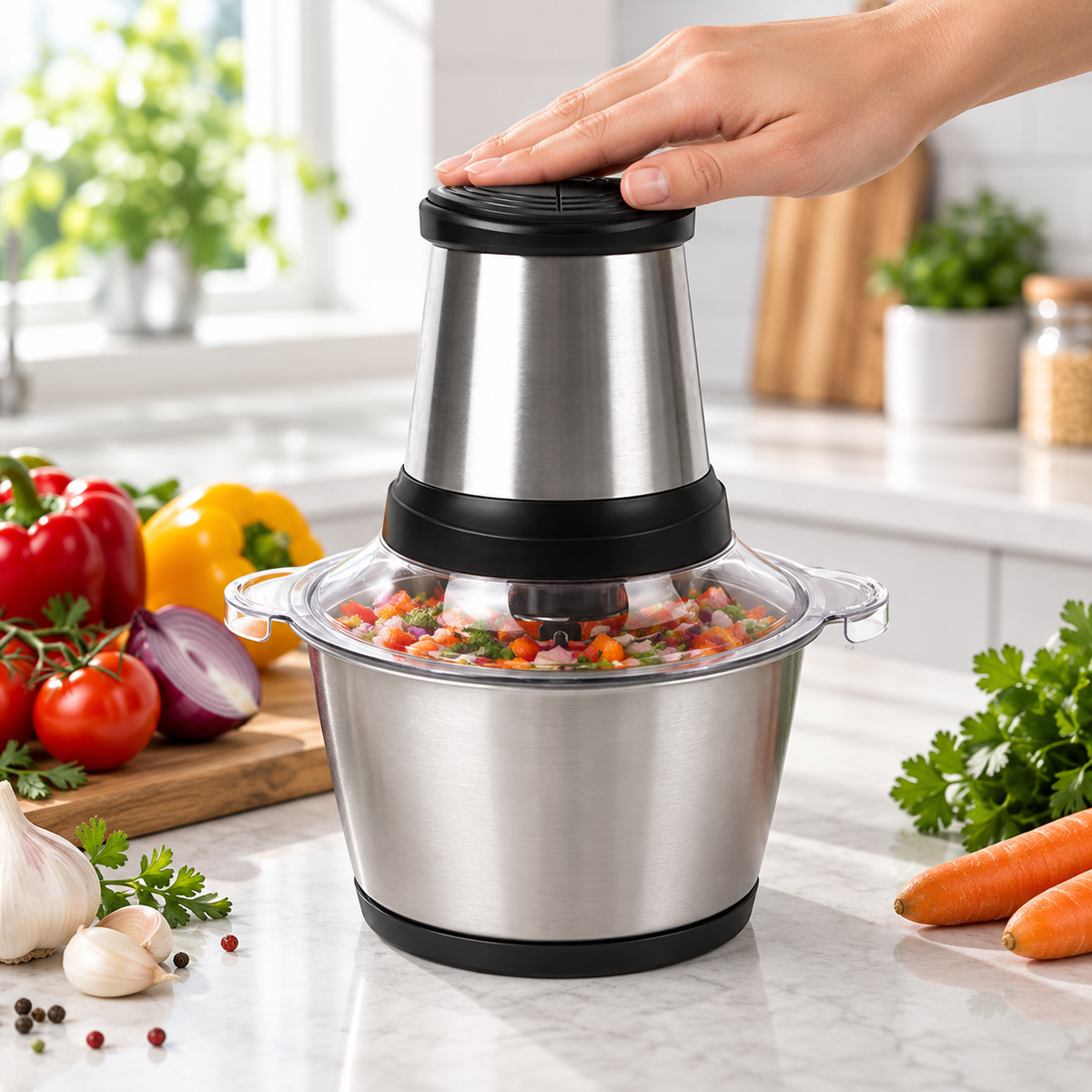 Tocător Electric pentru Legume și Fructe, 200 W, 3 Lame din Inox, Recipient Transparent, Gri