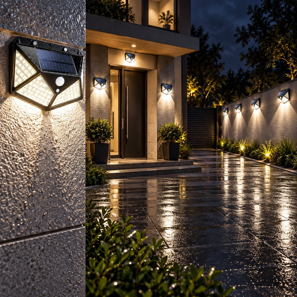 Pachet 2 Seturi × 4 Lămpi Solare de Exterior cu Senzor PIR – 8 Lămpi, 3 Moduri de Iluminare