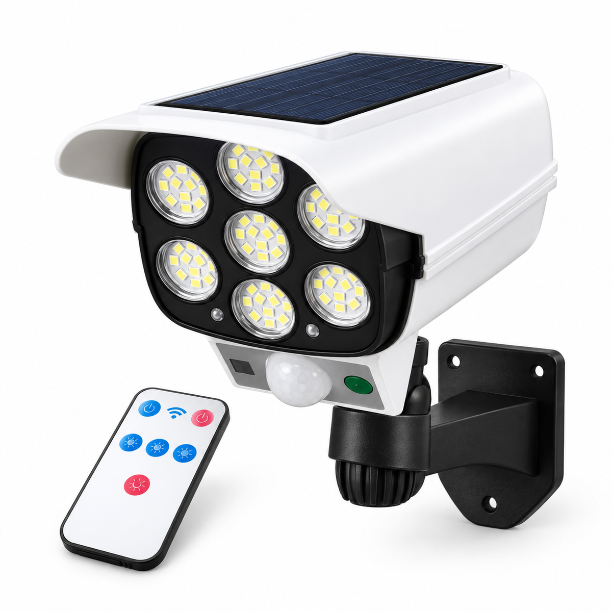Lampă Solară de Exterior cu 77 LED-uri, Senzor de Mișcare și Telecomandă – Design Tip Cameră, IP65