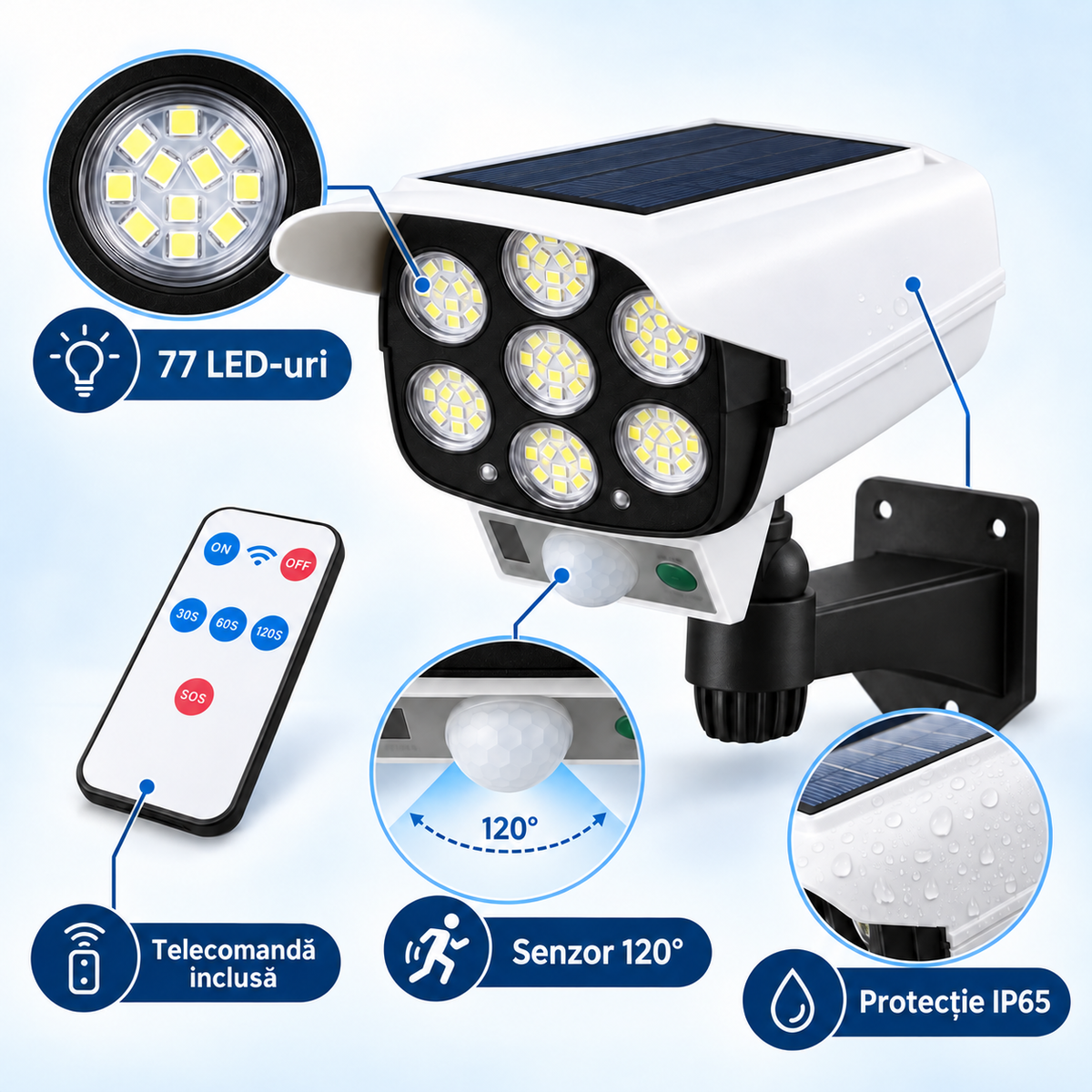 Lampă Solară de Exterior cu 77 LED-uri, Senzor de Mișcare și Telecomandă – Design Tip Cameră, IP65