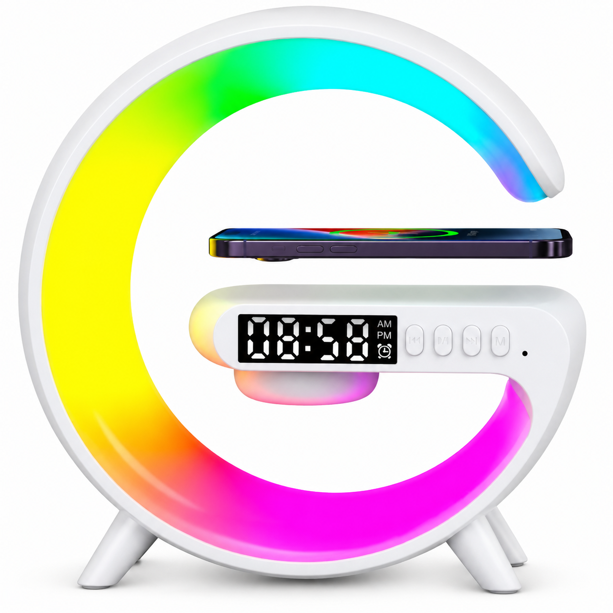 Boxa multifunctionala 4 in 1 lumina led RGB, ceas digital, incarcator wireless,  lampa de veghe, radio, conectivitate Bluetooth si port USB