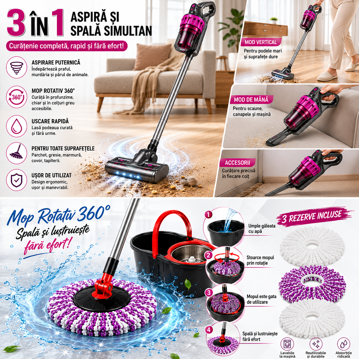 Pachet Smart pentru Curățenie – Aspirator Vertical + Mop cu Microfibre