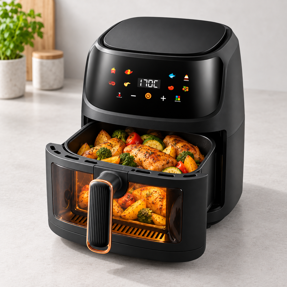 Friteuză cu Aer Cald 8L, 3500W, Display Digital Touch și Fereastră de Vizualizare – Air Fryer Negru