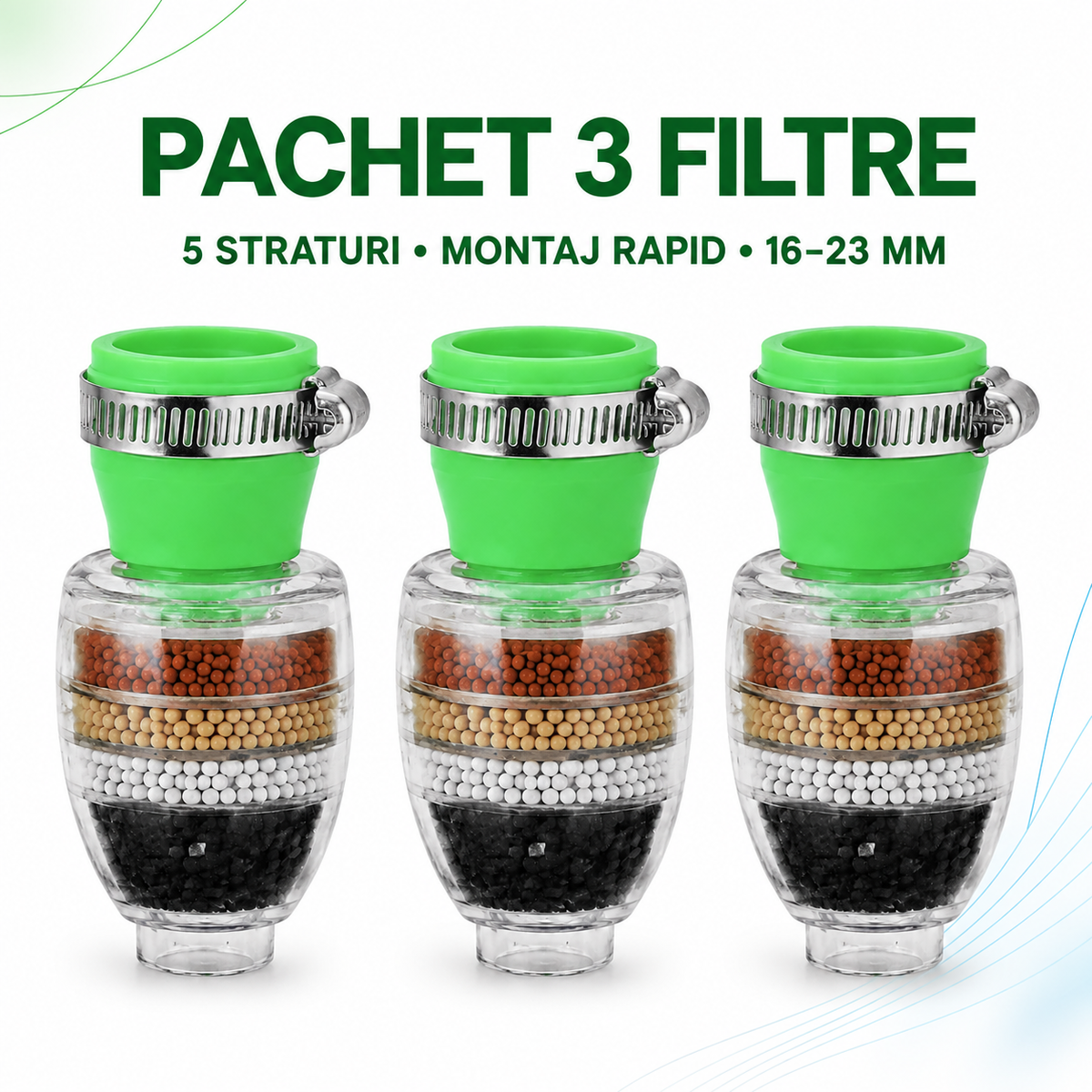 Pachet 3 Filtre de Apă pentru Robinet, Filtrare în 5 Straturi, Montaj Rapid, Compatibile 16–23 mm