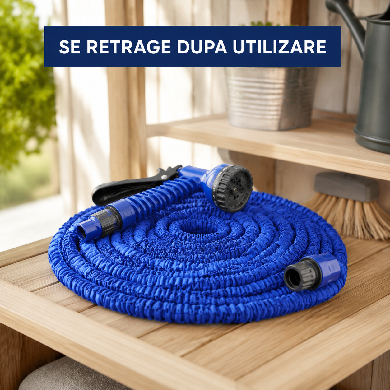 Furtun extensibil Albastru 60M pentru gradina, presiune reglabila, pistol inclus