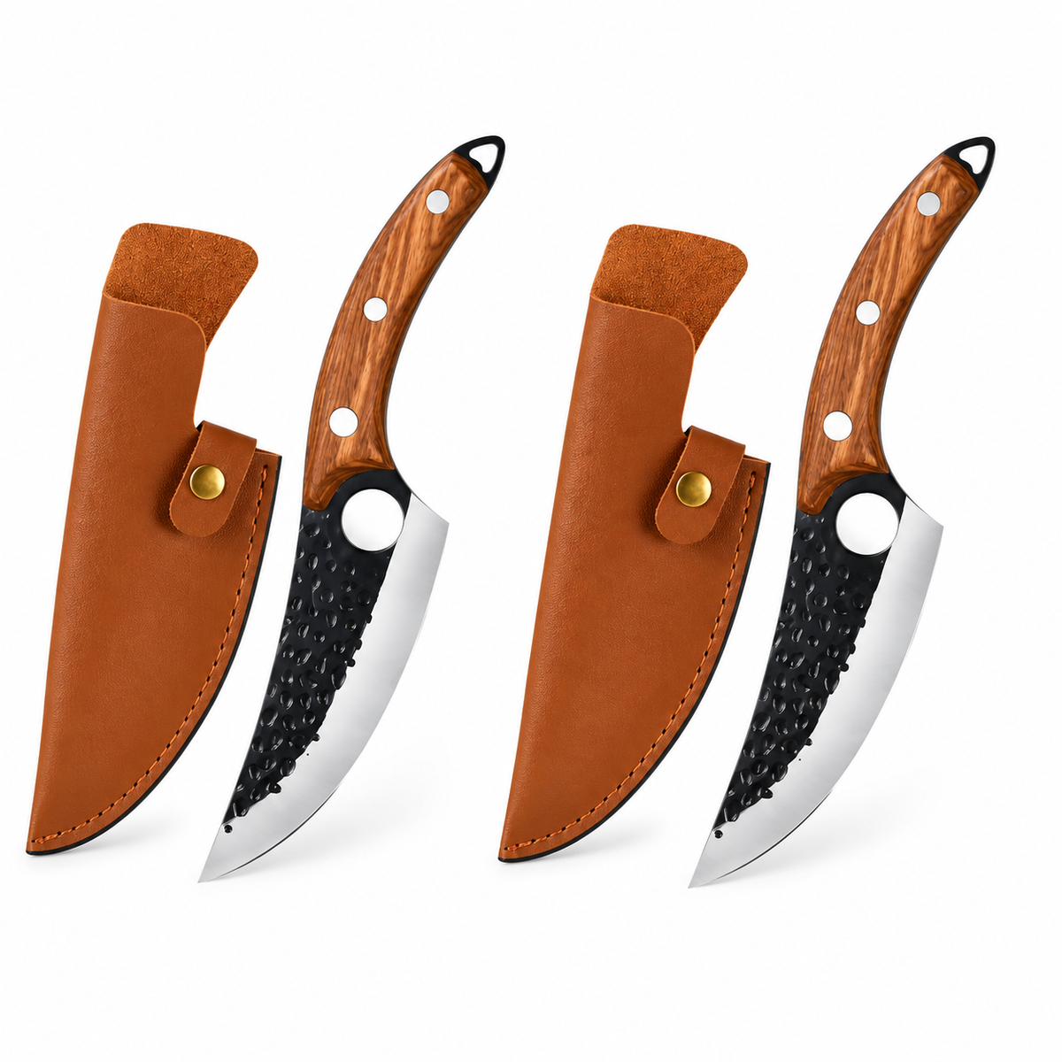 Set 2 Cuțite Forjate, Lamă Inox 27,5 cm și Mâner Maro Antiderapant – Pentru Carne, Legume și Camping