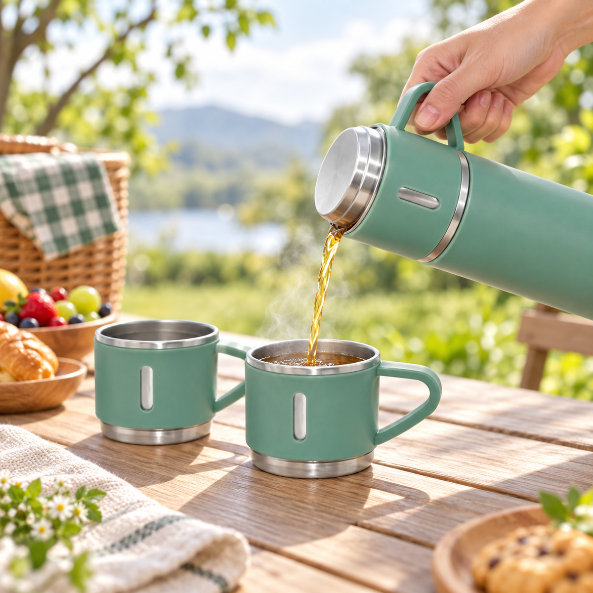 Set Termos din Inox 500 ml cu 2 Căni, Izolare Termică până la 12 Ore