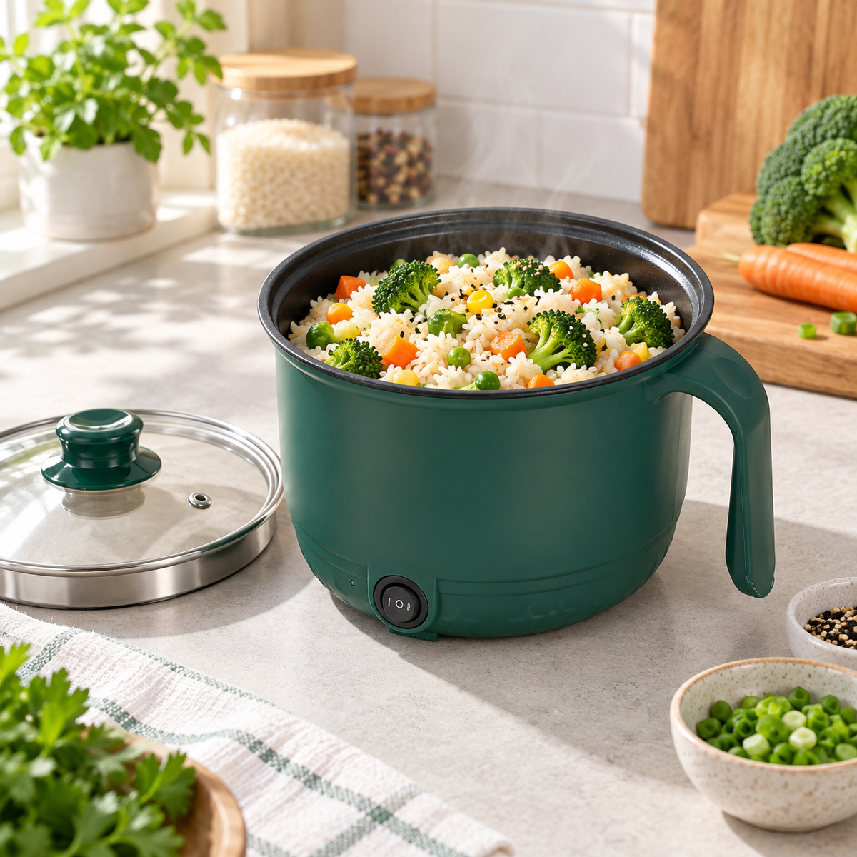 Oală Electrică Multifuncțională 1,8L, 500W, Vas Antiaderent și Accesoriu pentru Gătire la Abur, Verde