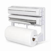 Dispenser Triplu de Bucătărie 3 în 1 pentru Hârtie, Folie Alimentară și Folie de Aluminiu, Montare pe Perete, Alb