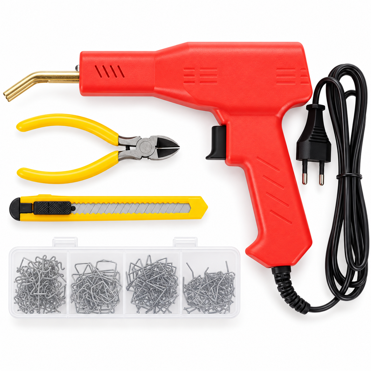 Set Pistol Profesional pentru Sudat Plastic, 50W, Încălzire Rapidă, 200 Capse, Clește, Cutter și Geantă