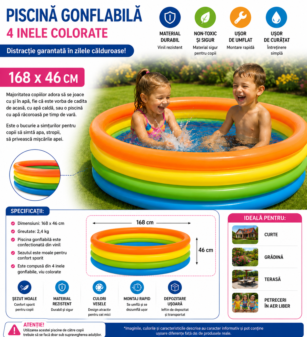 Piscină Gonflabilă pentru Copii, 4 Inele Colorate, 168 x 46 cm, Vinil Rezistent