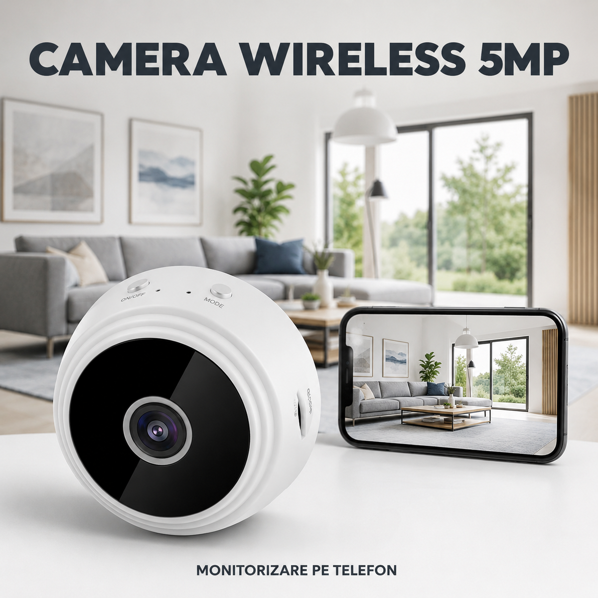 Cameră de Supraveghere Wireless 5MP cu Vedere Nocturnă, Senzor de Mișcare și Monitorizare pe Telefon