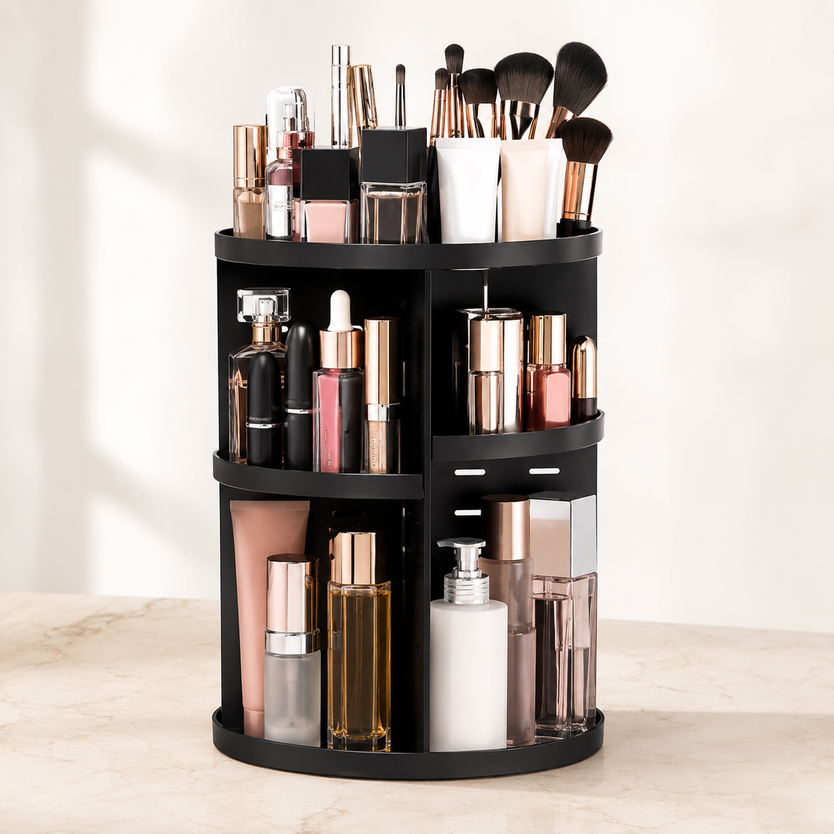 Organizator Cosmetic Rotativ 360° cu Compartimente Ajustabile pentru Machiaj, Parfumuri și Accesorii