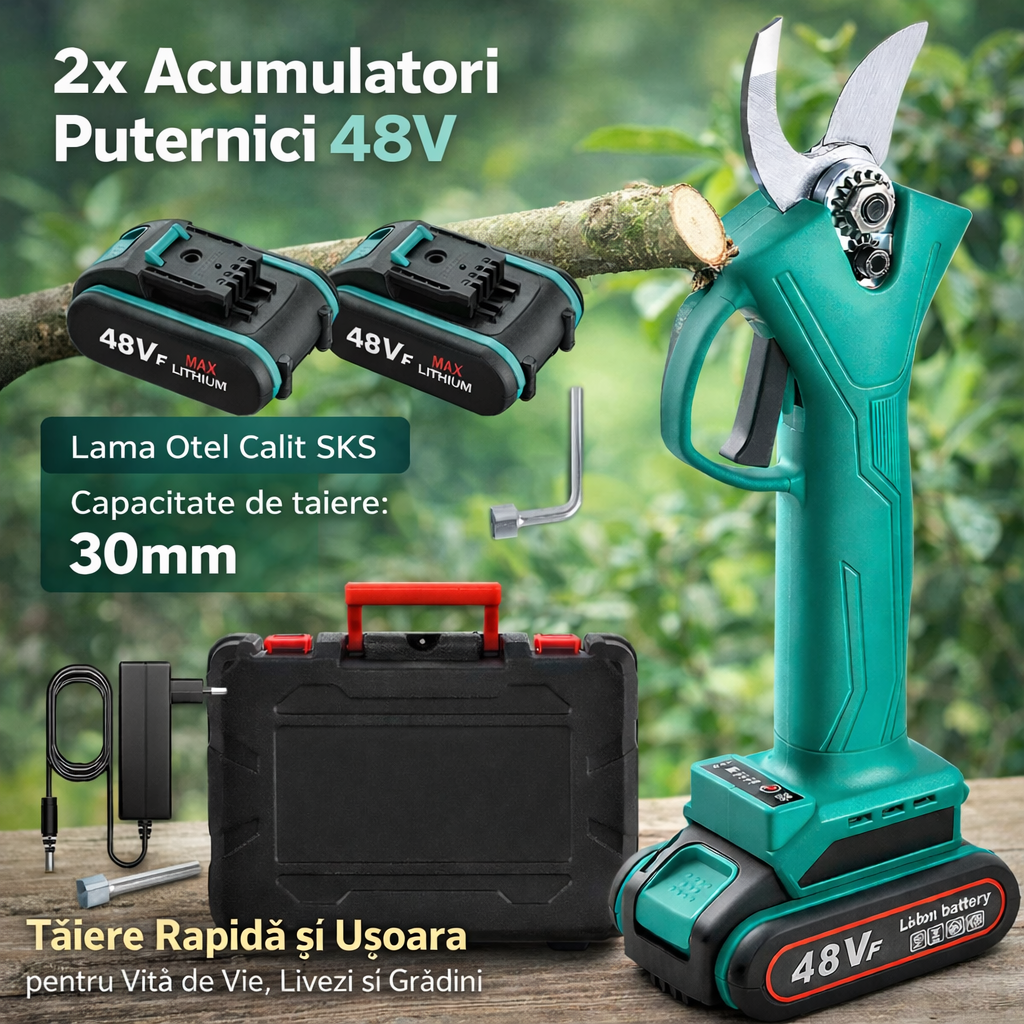 Foarfeca electrica pentru vita de vie si crengi, 2 acumulatori 48VF 5Ah