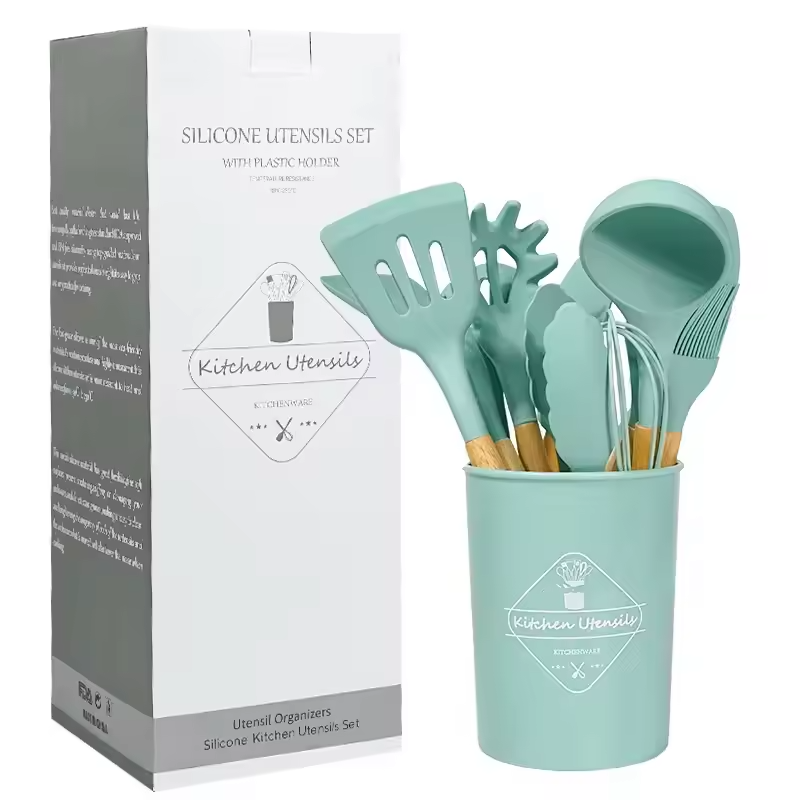 Set 13 ustensile de gatit din silicon, maner rezistent din bambus
