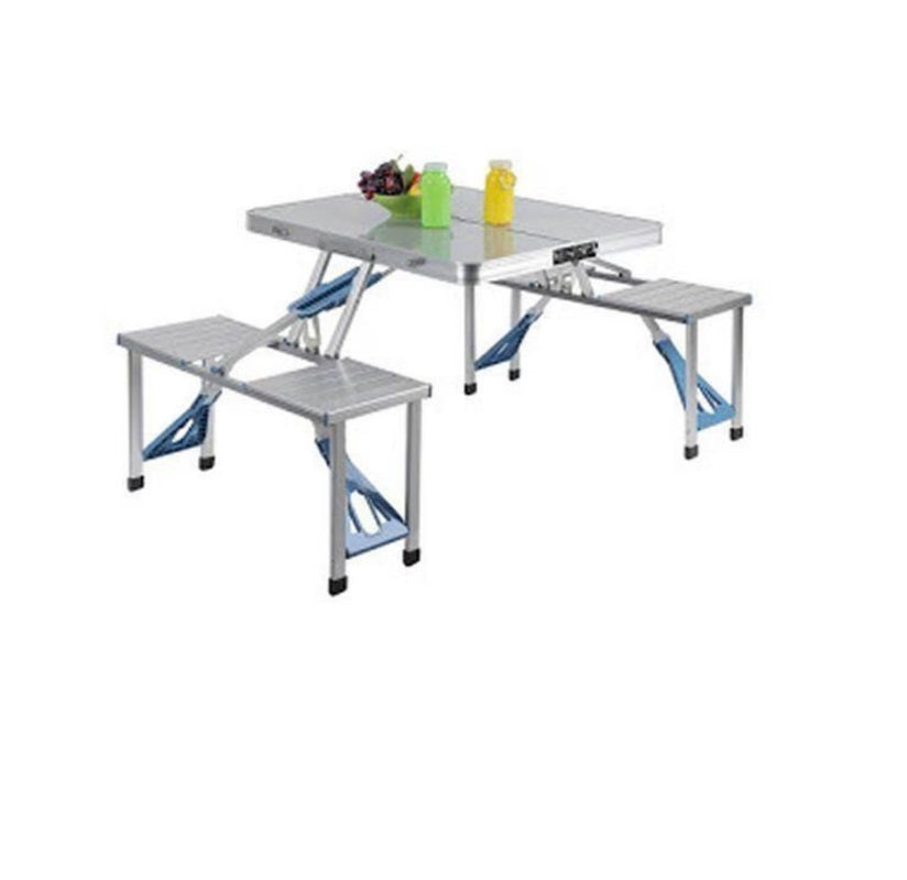 Masa pliabilă tip geamantan cu 4 scaune, aluminiu, picnic și camping
