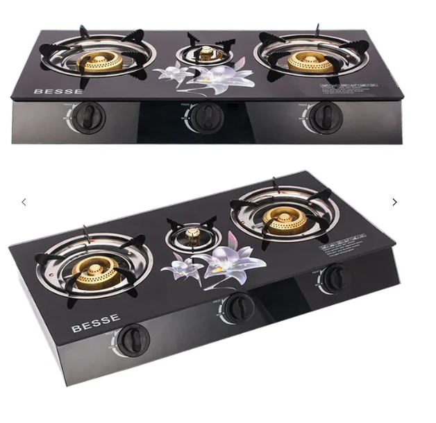 Aragaz pe Gaz 3 Ochiuri, Aprindere Quartz, Finisaj Sticla, Negru