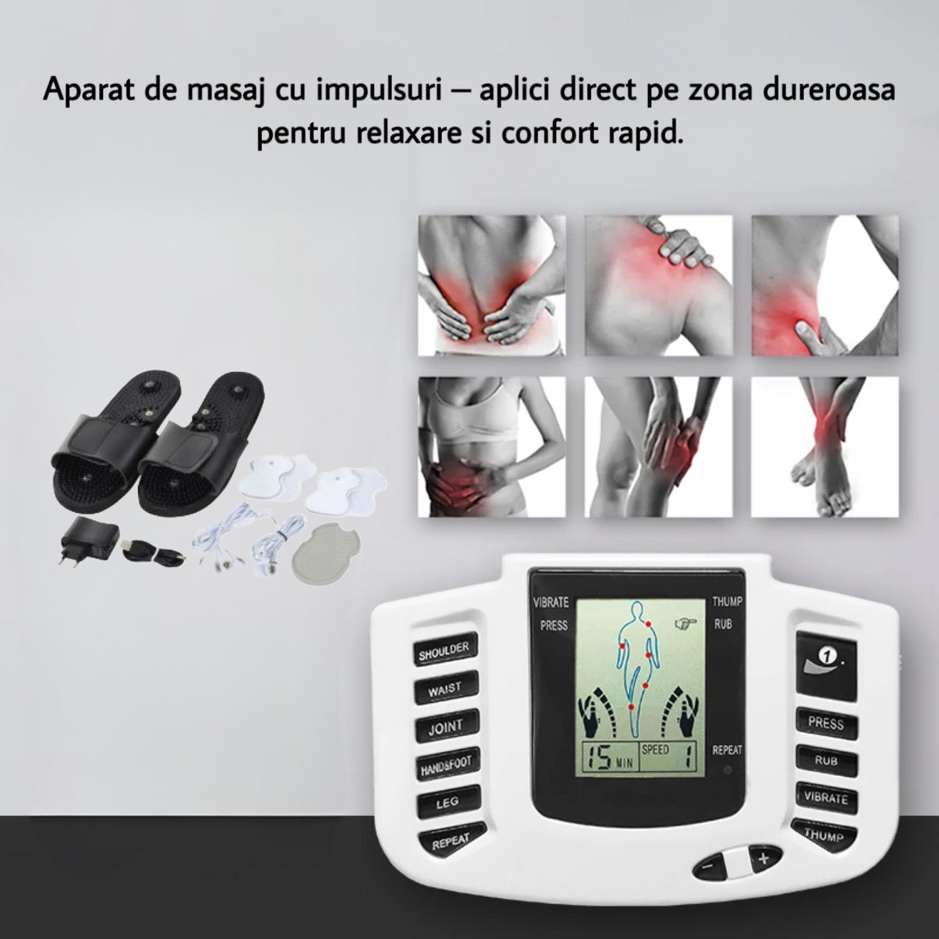 Aparat de electrostimulare musculară cu 9 programe și papuci pentru masajul tălpilor