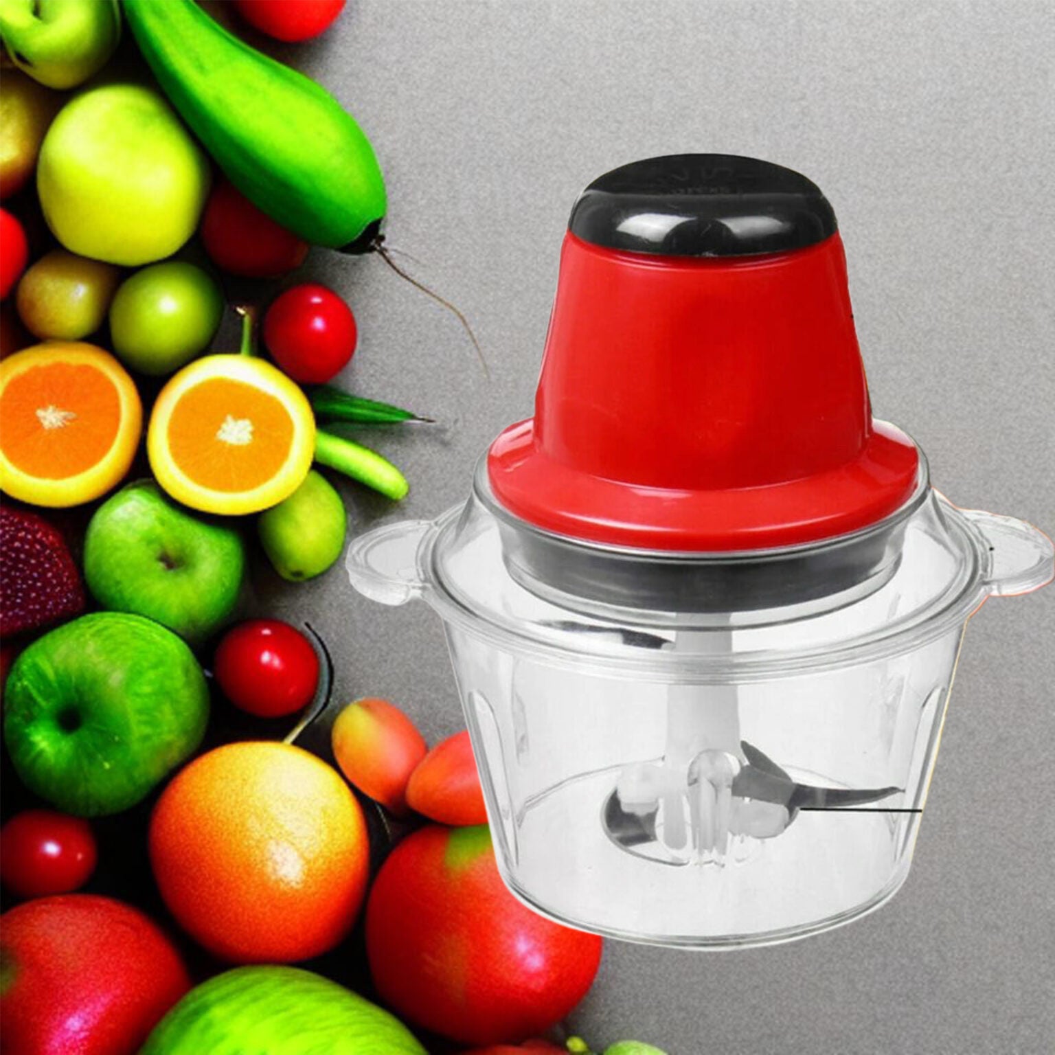 Tocator electric multifuncțional – vas transparent roșu 23×16 cm
