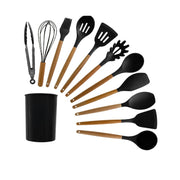 Kit de bucătărie 12 piese – silicon termorezistent și mânere de lemn, negru