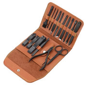 Set de manichiură și pedichiură, 16 piese din oțel inoxidabil, cu etui din piele ecologică – negru mat