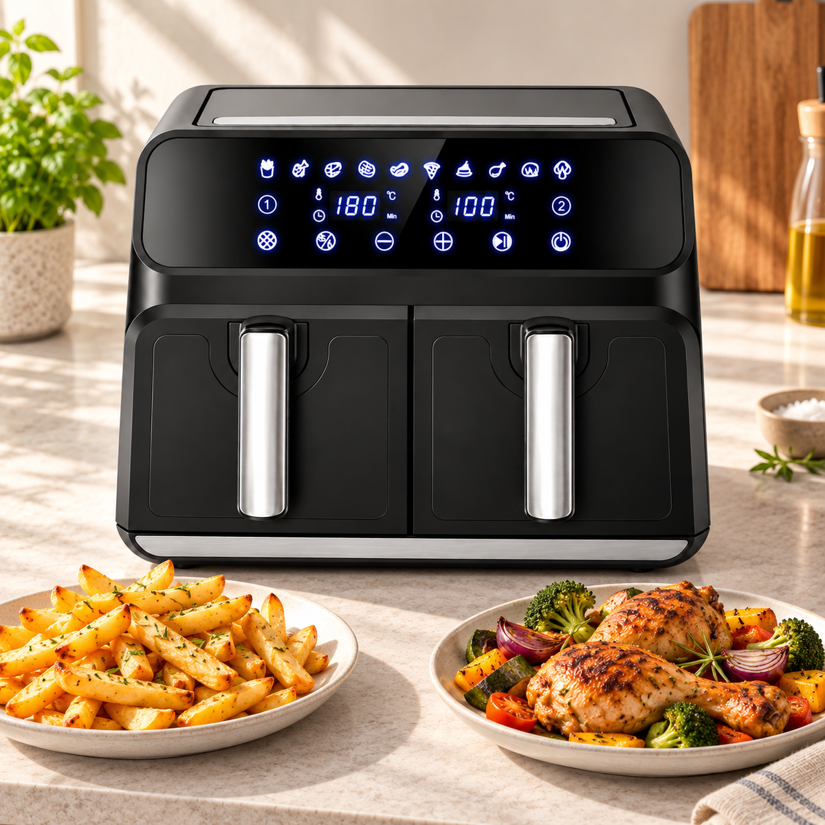 Friteuza cu aer cald dubla, 10L(5L+5L), tehnologie 3D Air Flow, Touch-Screen, gatit sanatos si crocant