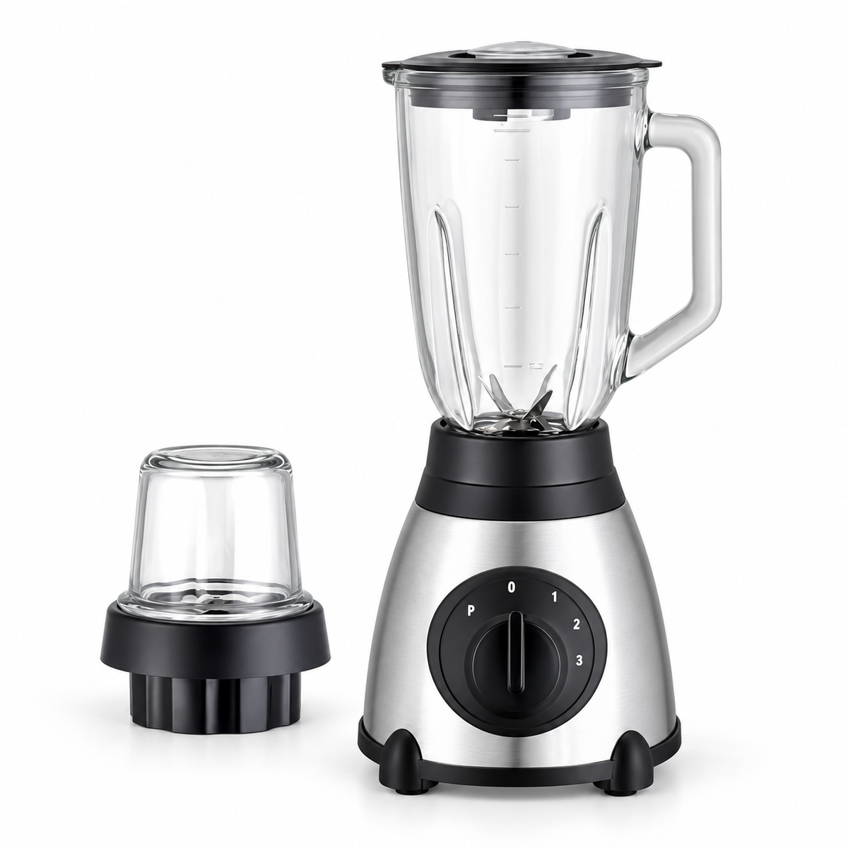 Blender 2 în 1, 450W, Bol din Sticlă 1,5L, 3 Viteze și Funcție Pulse, Râșniță Inclusă – Inox/Negru