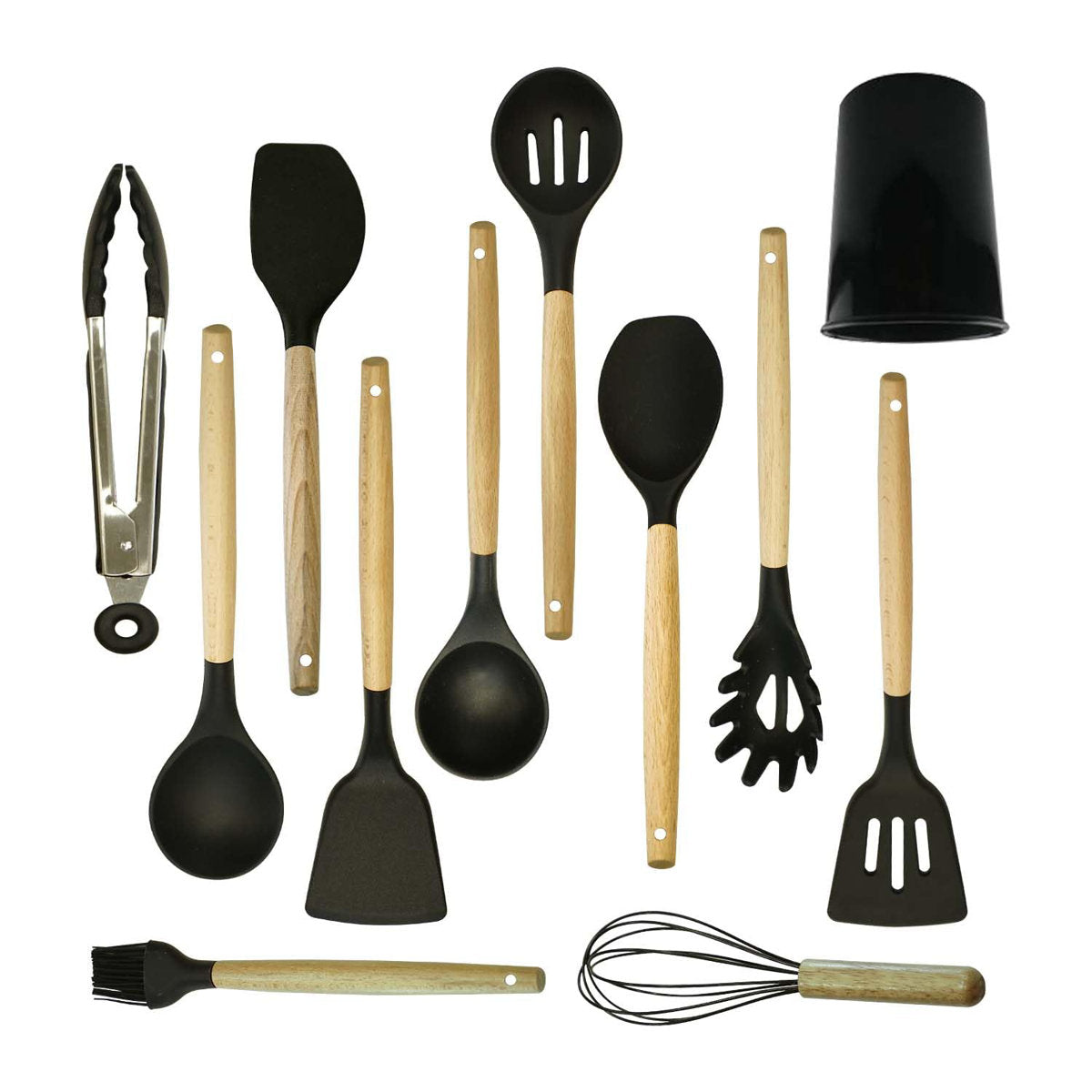Kit de bucătărie 12 piese – silicon termorezistent și mânere de lemn, negru