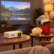 Pachet Seară de Film Acasă – Mini-proiector LED cu HDMI și USB + Aparat de Popcorn cu Aer Cald, Fără Ulei