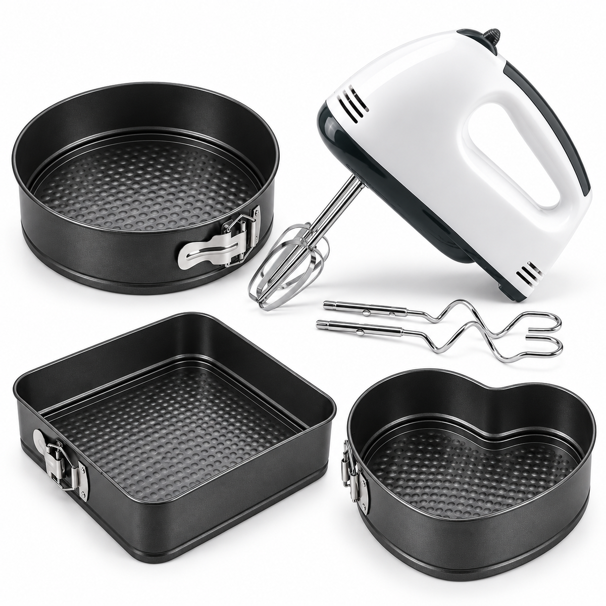 Pachet Prăjituri în Familie – Mixer de Mână 250W cu Accesorii și Cutie de Depozitare + Set 3 Tăvi cu Bază Detașabilă